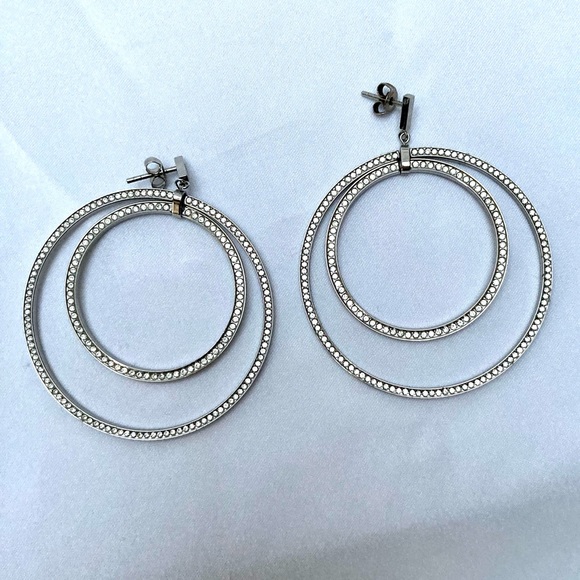 DKNY silver tone crystal glitz cascading hoop earrings - Picture 2 of 9